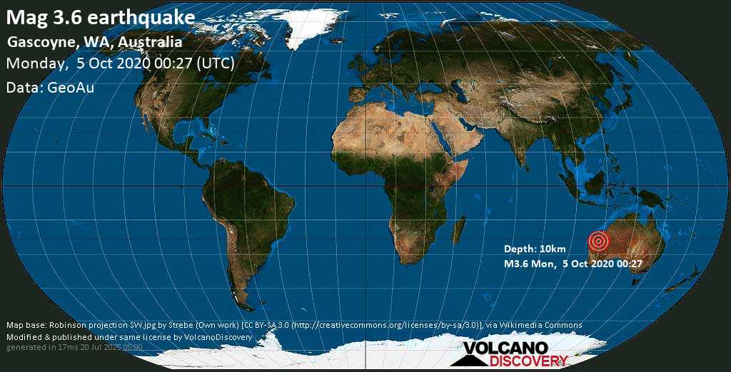 Mag. 3.6 earthquake - 108 km south of Paraburdoo, Shire of Ashburton, Western Australia, Australia, on Monday, 5 October 2020 at 00:27 (GMT)