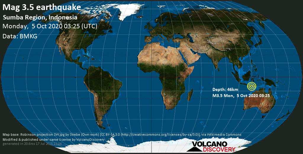 Mag. 3.5 earthquake - 90 km west of Waingapu, Kabupaten Sumba Timur, Nusa Tenggara Timur, Indonesia, on Monday, 5 October 2020 at 03:25 (GMT)