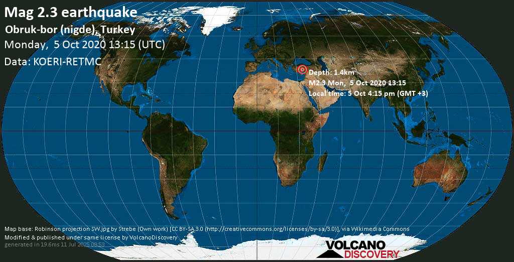 Weak mag. 2.3 earthquake - 25 km east of Emirgazi, Konya, Turkey, on 5 Oct 4:15 pm (GMT +3)