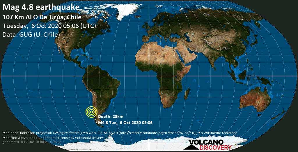 Mag. 4.8 earthquake - 190 km west of Temuco, Cautín, Araucanía, Chile, on Tuesday, 6 October 2020 at 05:06 (GMT)