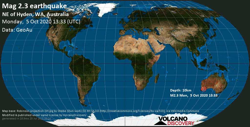 Mag. 2.3 earthquake - NE of Hyden, WA, Australia, on Monday, 5 October 2020 at 13:33 (GMT)