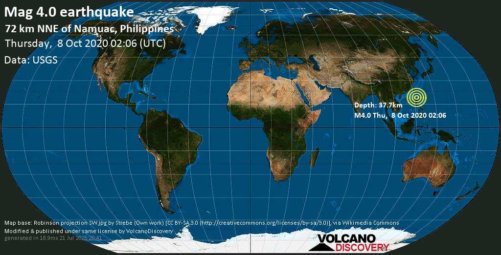 Weak mag. 3.5 earthquake - 181 km north of Laoag, Ilocos Norte, Ilocos Region, Philippines, on 08 October 2020 - 10:06 AM (PST)