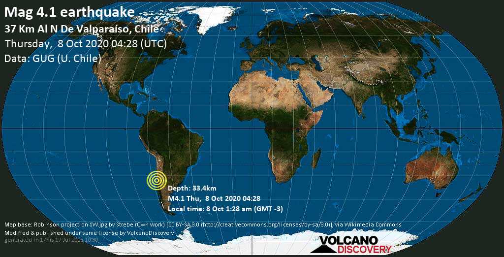Mag. 4.1 earthquake - 36 km north of Viña del Mar, Valparaiso, Valparaíso, Chile, on 8 Oct 1:28 am (GMT -3)
