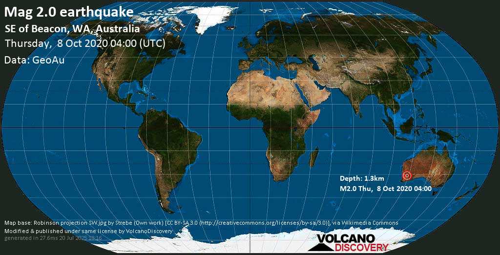 Mag. 2.0 earthquake - SE of Beacon, WA, Australia, on Thursday, 8 October 2020 at 04:00 (GMT)