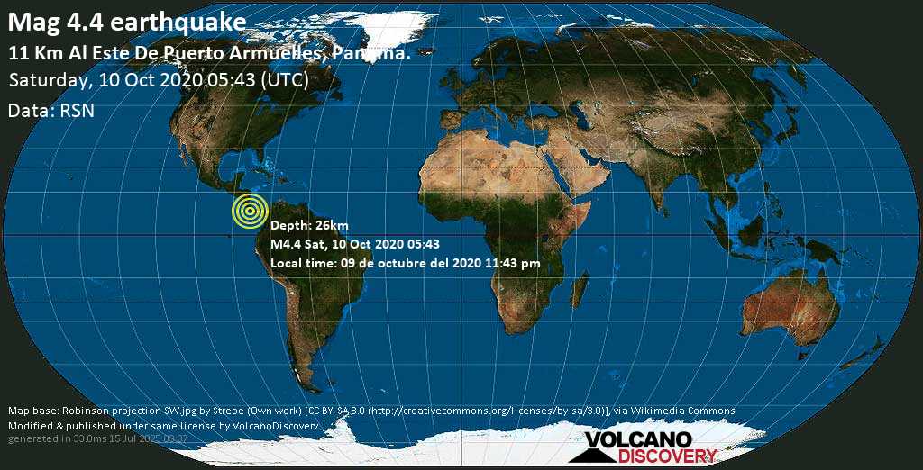 Moderate mag. 4.4 earthquake - 4.8 km northeast of Puerto Armuelles, Barú, Provincia de Chiriquí, Panama, on 09 de octubre del 2020 11:43 pm