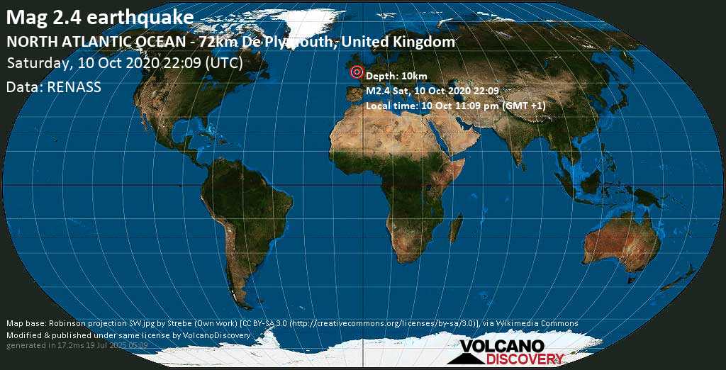 Mag. 2.4 earthquake - NORTH ATLANTIC OCEAN - 72km De Plymouth, United Kingdom, on 10 Oct 11:09 pm (GMT +1)