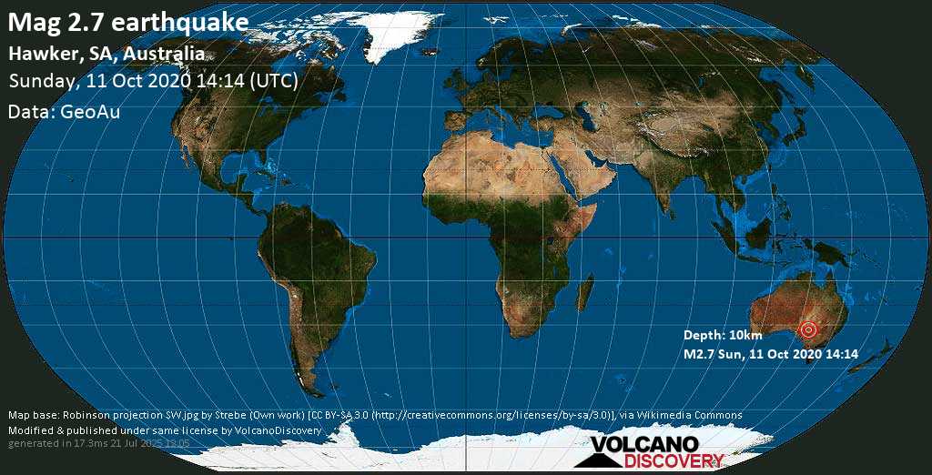 Mag. 2.7 earthquake - Hawker, SA, Australia, on Sunday, 11 October 2020 at 14:14 (GMT)