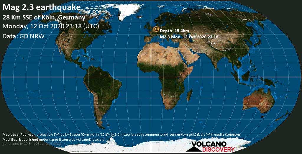 Minor mag. 2.3 earthquake - 28 Km SSE of Köln, Germany, on Monday, 12 October 2020 at 23:18 (GMT)
