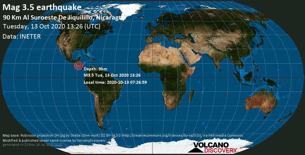 Mag. 3.5 earthquake - 190 km west of Managua, Nicaragua, on 2020-10-13 07:26:59