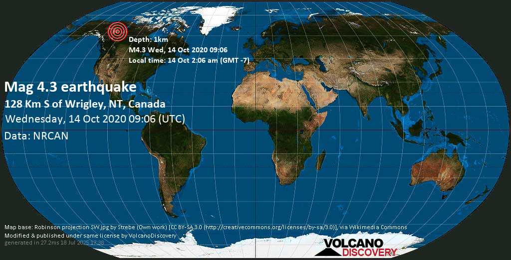 Light mag. 4.3 earthquake - 128 Km S of Wrigley, NT, Canada, on Wednesday, 14 October 2020 at 09:06 (GMT)