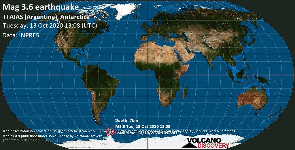 Mag. 3.6 earthquake - South Atlantic Ocean, Antarctica, on 13/10/2020 10:08:47