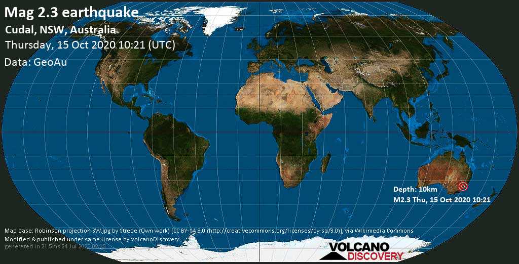 Minor mag. 2.3 earthquake - Cudal, NSW, Australia on Thursday, 15 October 2020