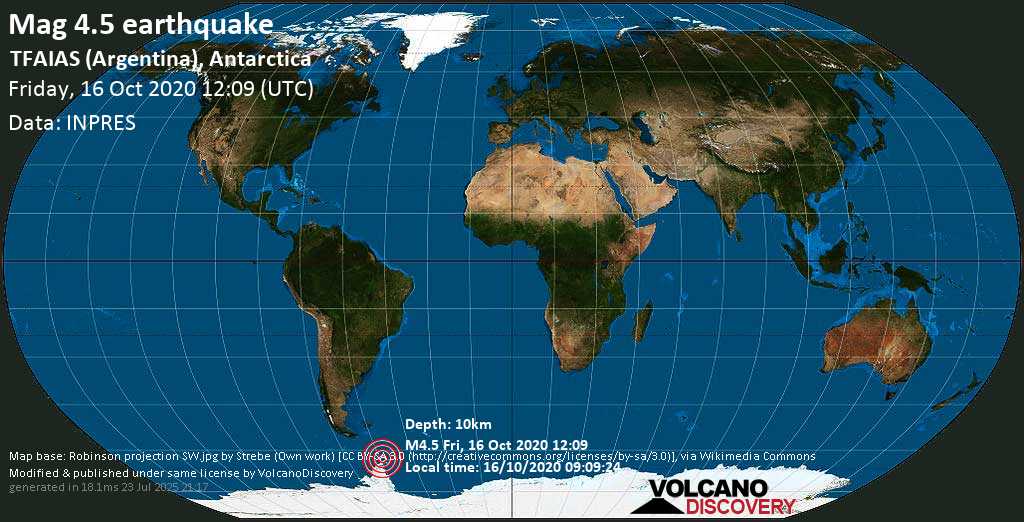 Mag. 4.5 earthquake - South Atlantic Ocean, Antarctica, on 16/10/2020 09:09:24