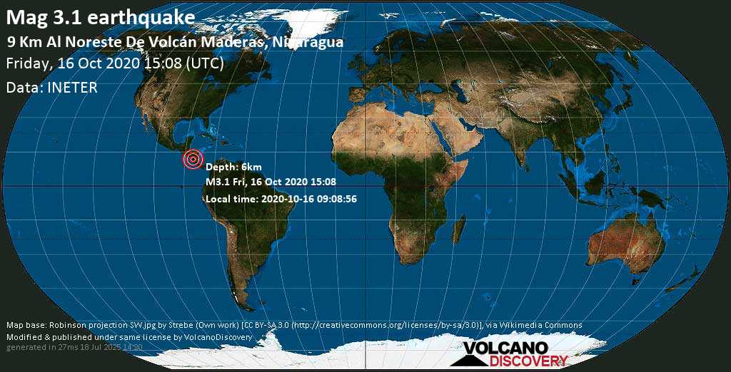 Sismo leggero mag. 3.1 - 39 km a est da Rivas, Nicaragua, venerdì, 16 ottobre 2020