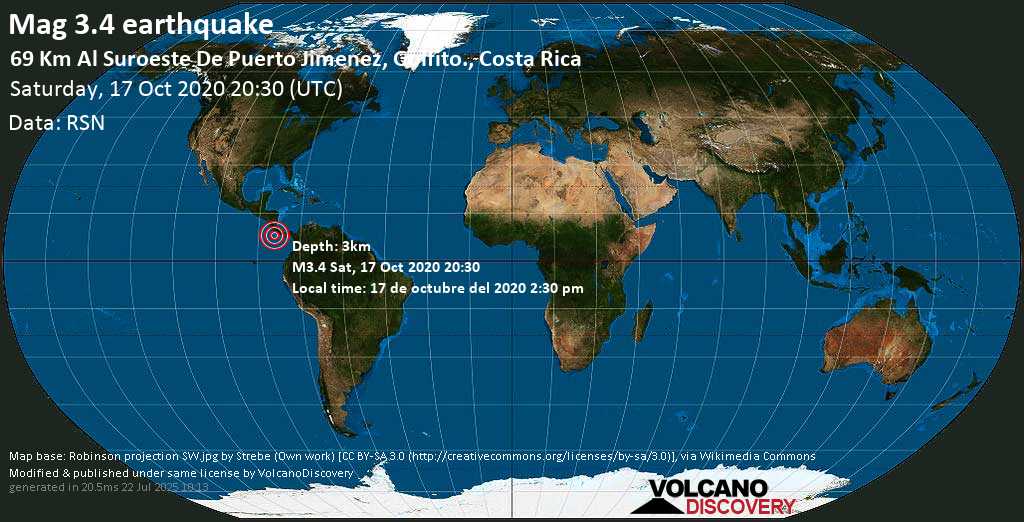 Minor mag. 3.4 earthquake - 69 Km Al Suroeste De Puerto Jimenez, Golfito., Costa Rica on Saturday, 17 October 2020
