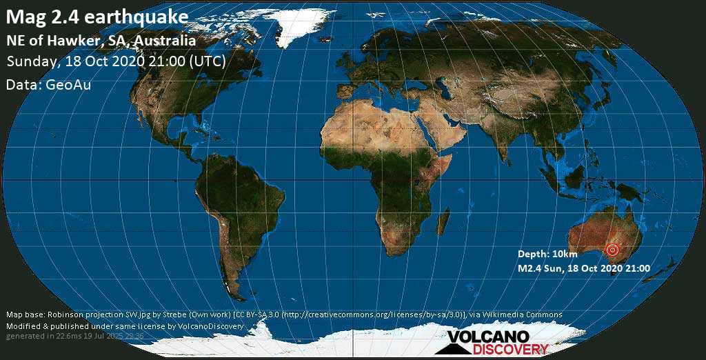 Mag. 2.4 earthquake - NE of Hawker, SA, Australia, on Sunday, 18 October 2020 at 21:00 (GMT)
