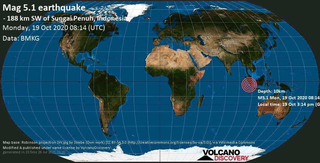 Moderato terremoto magnitudine 5.1 - 267 km south da Padang, West Sumatra, Indonesia, lunedì, 19 ottobre 2020