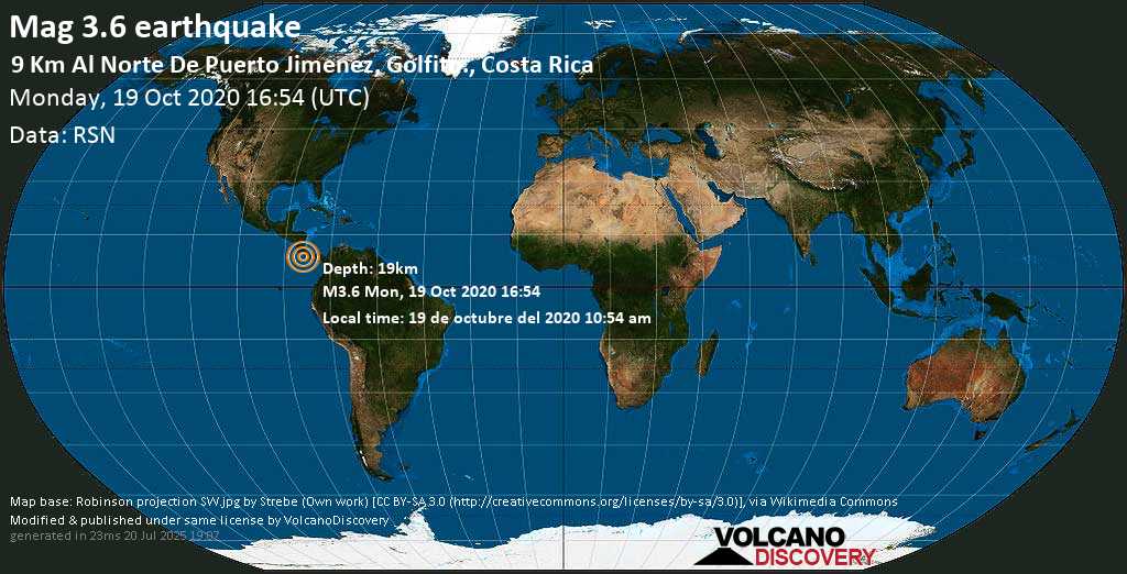 Mag. 3.6 earthquake - 22 km west of Golfito, Puntarenas Province, Costa Rica, on 19 de octubre del 2020 10:54 am