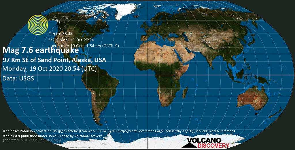 Major magnitude 7.6 earthquake - 60 mi southeast of Sand Point, Aleutians East, Alaska, USA, on Monday, Oct 19, 2020 at 11:54 am (GMT -9)