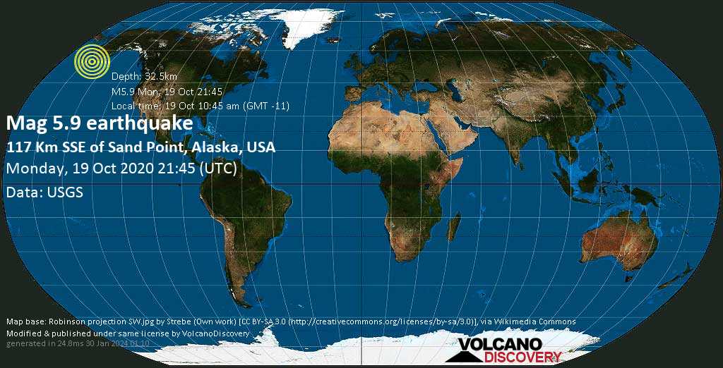 Strong mag. 5.9 earthquake - 73 mi south of Sand Point, Aleutians East, Alaska, USA, on Monday, Oct 19, 2020 at 10:45 am (GMT -11)