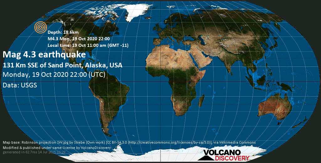 Terremoto moderado mag. 4.3 - North Pacific Ocean, 82 miles SSE of Sand Point, Aleutians East County, Alaska, USA, lunes, 19 oct. 2020