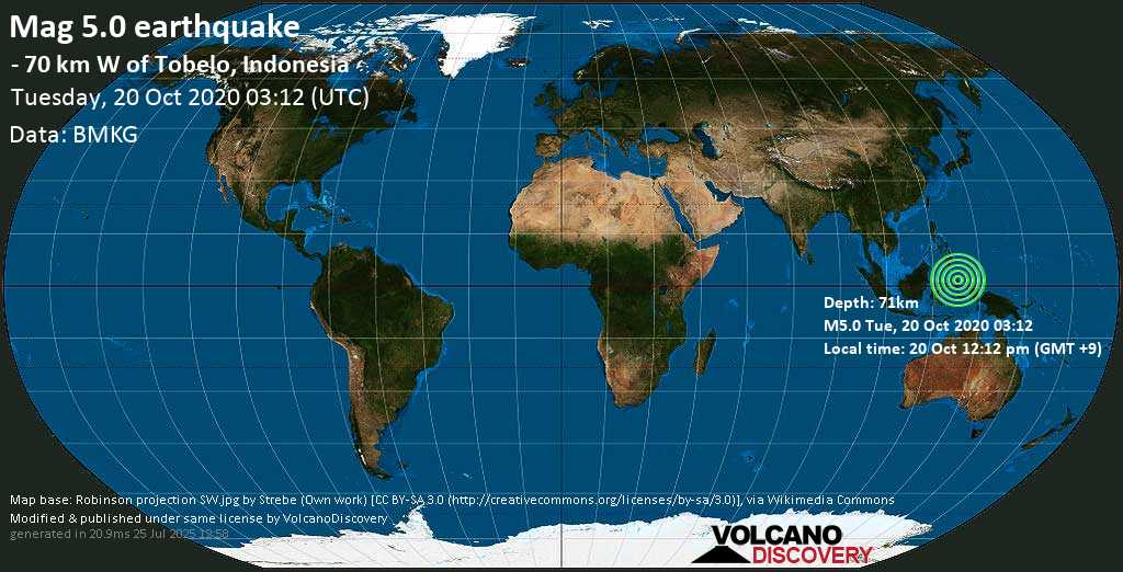 Moderate mag. 5.0 earthquake - 103 km north of Ternate, North Maluku, Indonesia, on 20 Oct 12:12 pm (GMT +9)