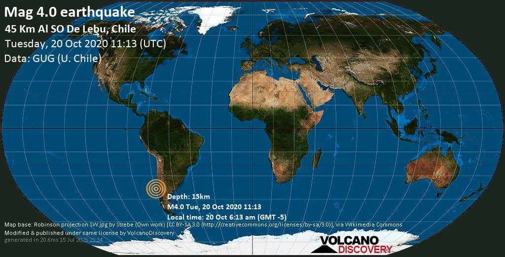 Mag. 4.0 earthquake - 45 km southwest of Lebu, Arauco, Bío Bío, Chile, on 20 Oct 6:13 am (GMT -5)