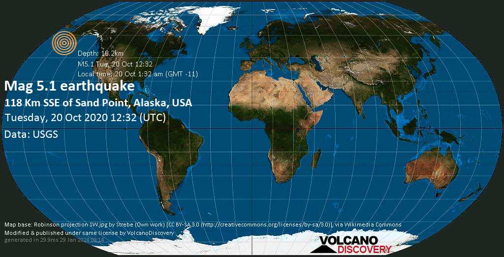 Strong mag. 5.1 earthquake - 118 Km SSE of Sand Point, Alaska, USA, on Tuesday, Oct 20, 2020 at 1:32 am (GMT -11)