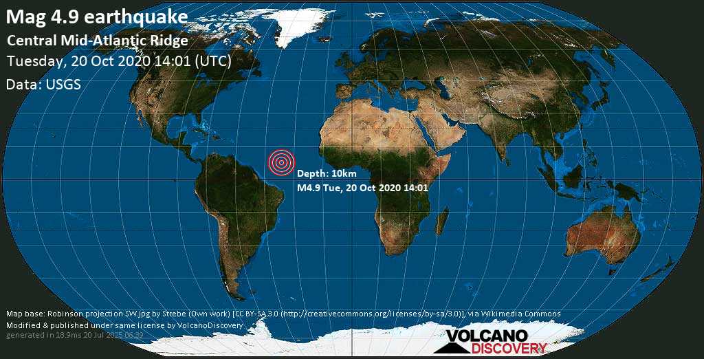 Light mag. 4.9 earthquake - Central Mid-Atlantic Ridge on Tuesday, 20 Oct 12.01 pm (GMT -2)
