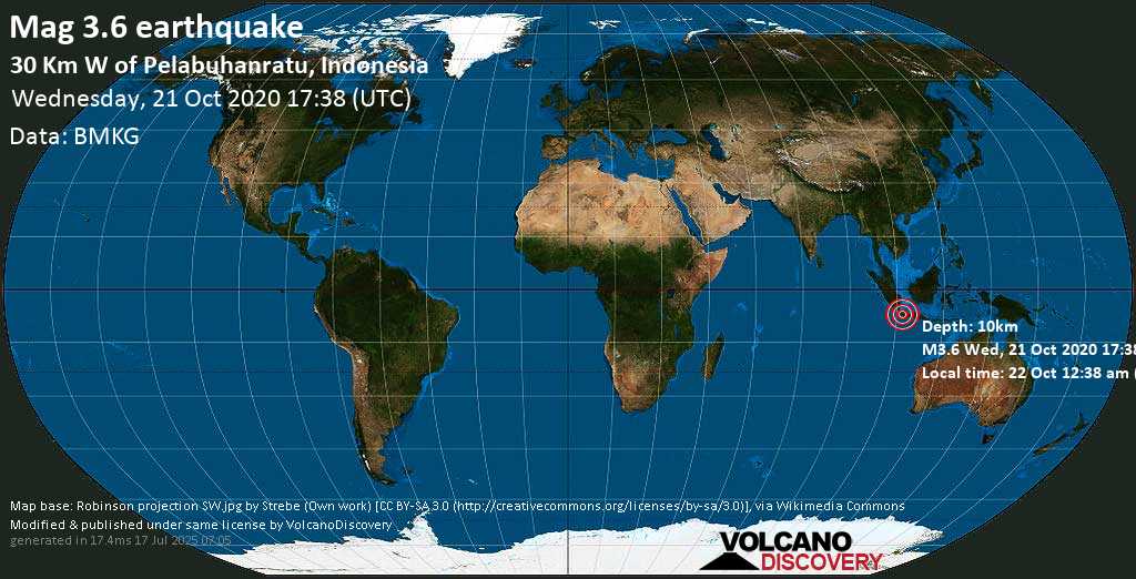 Débil terremoto magnitud 3.6 - Indian Ocean, 30 km W of Pelabuhanratu, West Java, Indonesia, miércoles, 21 oct. 2020