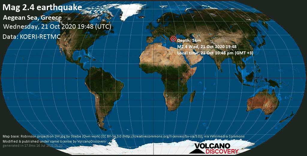 Sismo débil mag. 2.4 - Aegean Sea, 43 km SSW of Komotini, Greece, miércoles, 21 oct. 2020