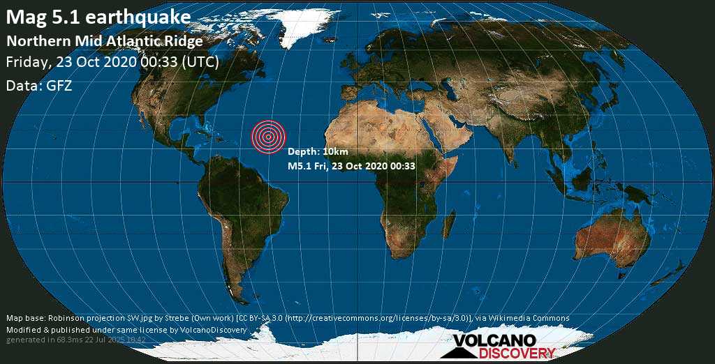 Moderate mag. 5.2 earthquake - - northern Mid-Atlantic Ridge on Thursday, 22 Oct 9.33 pm (GMT -3)