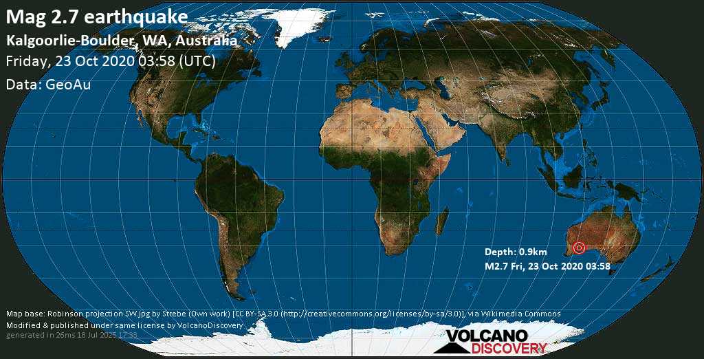 Minor mag. 2.7 earthquake - Kalgoorlie-Boulder, WA, Australia, on Friday, 23 October 2020 at 03:58 (GMT)