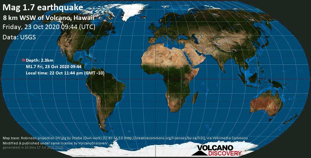 Debile terremoto magnitudine 1.7 - 9 km a ovest da Volcano Village, Contea di Hawaii County, Stati Uniti, venerdì, 23 ottobre 2020