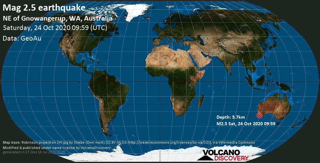 Mag. 2.5 earthquake - NE of Gnowangerup, WA, Australia, on Saturday, 24 October 2020 at 09:59 (GMT)
