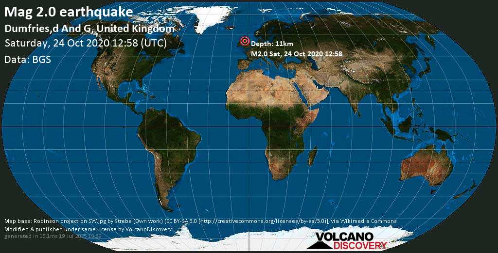Mag. 2.0 earthquake - Dumfries,d And G, United Kingdom, on Saturday, 24 October 2020 at 12:58 (GMT)