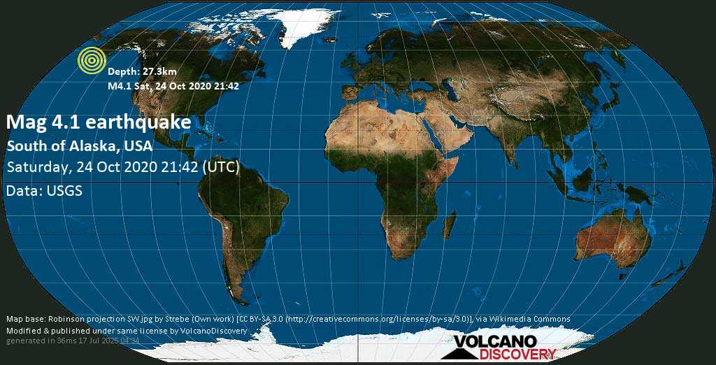 Mag. 4.1 earthquake - 60 mi southeast of Sand Point, Aleutians East County, Alaska, on 24 Oct 10:42 am (GMT -11)
