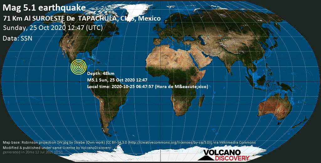 Moderato terremoto magnitudine 5.1 - 70 km southwest da Tapachula, Chiapas, Messico, domenica, 25 ottobre 2020
