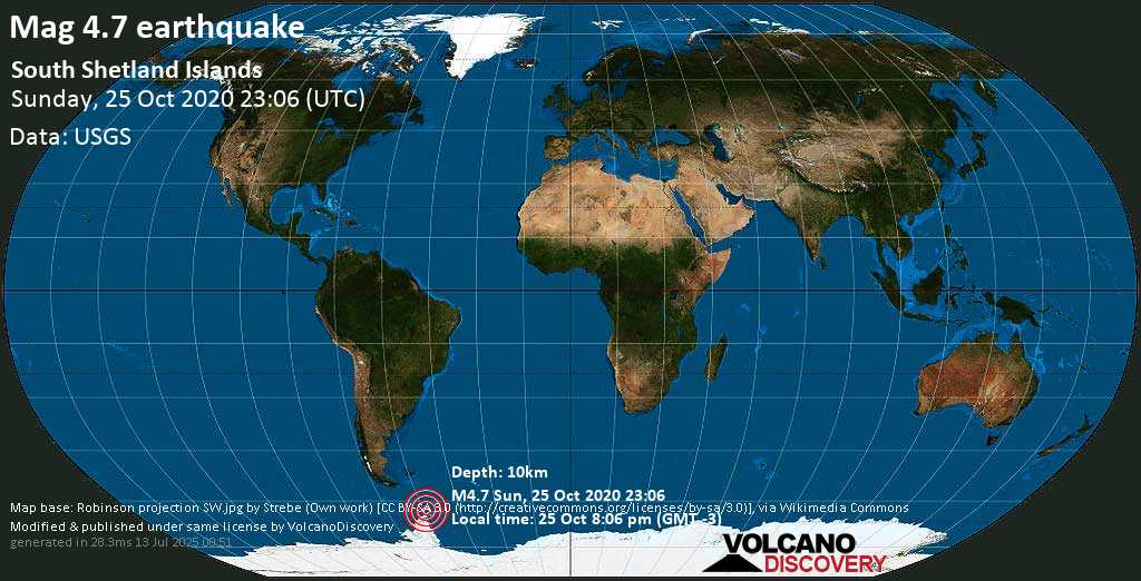 Mag. 4.7 earthquake - South Atlantic Ocean, Antarctica, on Sunday, 25 Oct 2020 8:06 pm (GMT -3)