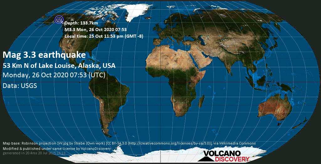 Mag. 3.3 earthquake - 53 Km N of Lake Louise, Alaska, USA, on 25 Oct 11:53 pm (GMT -8)