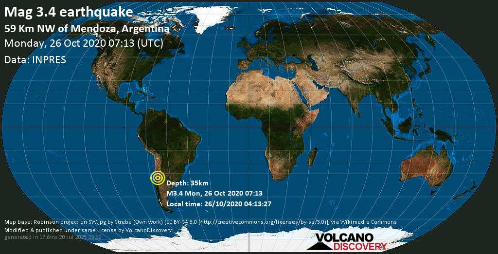 Mag. 3.4 earthquake - 59 Km NW of Mendoza, Argentina, on 26/10/2020 04:13:27