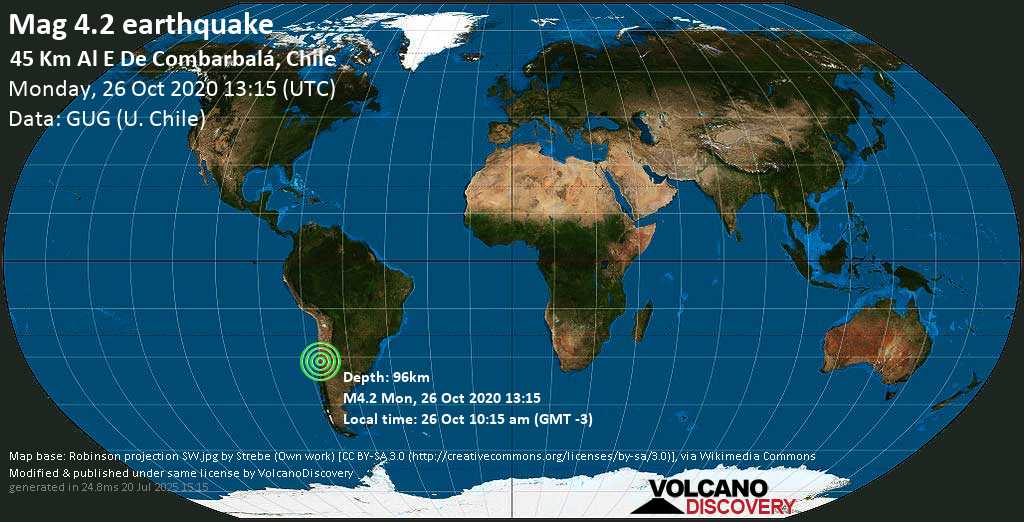 Light mag. 4.2 earthquake - 262 km north of Santiago, Región Metropolitana, Chile, on 26 Oct 10:15 am (GMT -3)