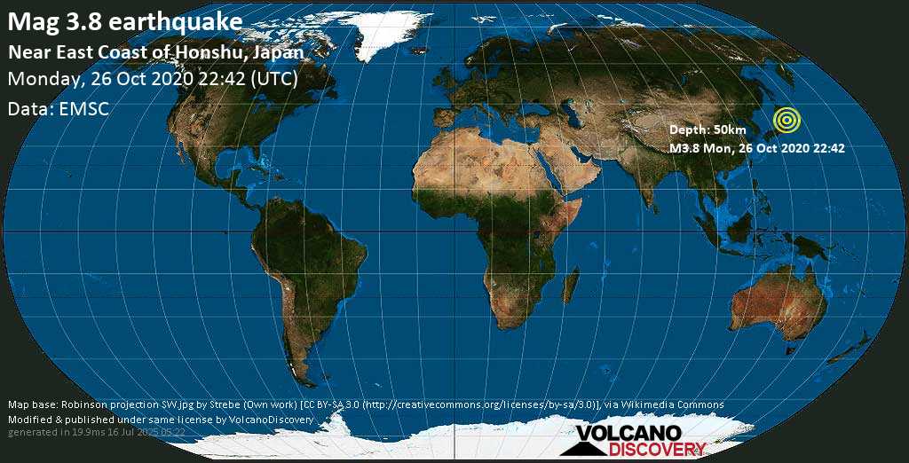 Mag. 3.8 earthquake - 128 km northeast of Sendai, Japan, on 27 Oct 7:42 am (GMT +9)