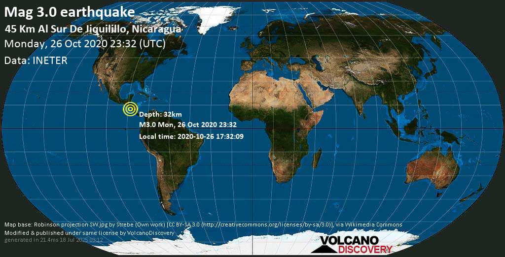 Débil terremoto magnitud 3.0 - North Pacific Ocean, 59 km WSW of Chinandega, Departamento de Chinandega, Nicaragua, lunes, 26 oct. 2020