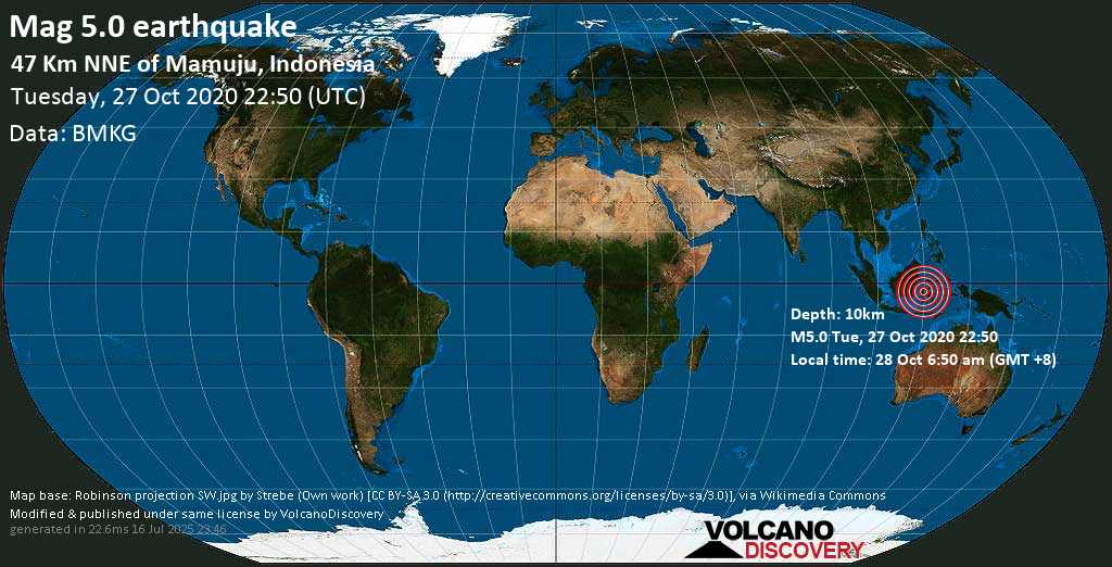 Strong mag. 5.0 earthquake - 47 km north of Mamuju, West Sulawesi, Indonesia, on Wednesday, Oct 28, 2020 at 6:50 am (GMT +8)