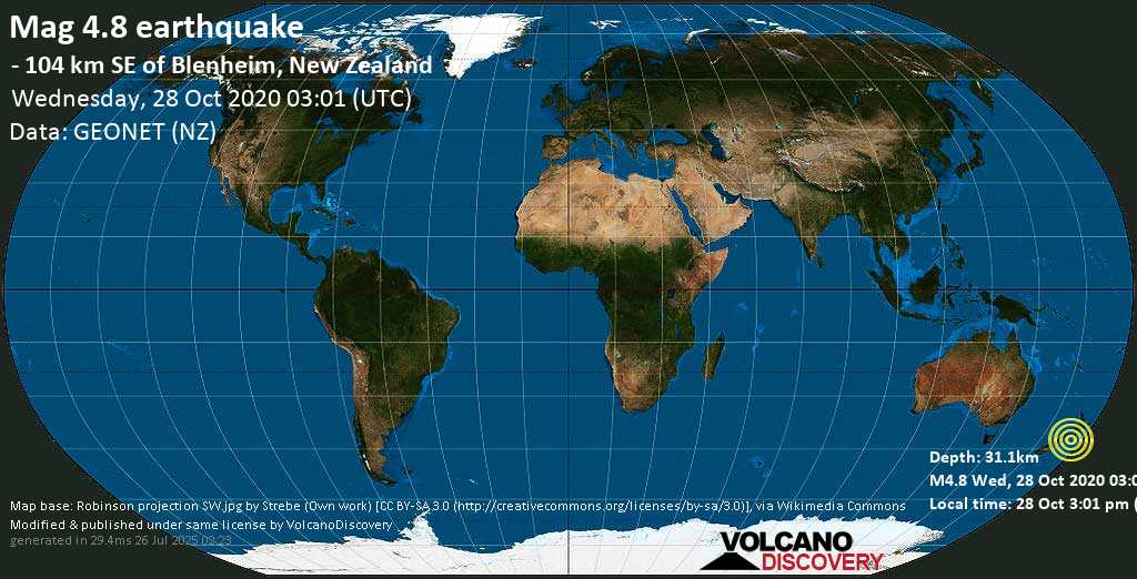 Light mag. 4.8 earthquake - 105 km south of Wellington, New Zealand, on 28 Oct 3:01 pm (GMT +12)