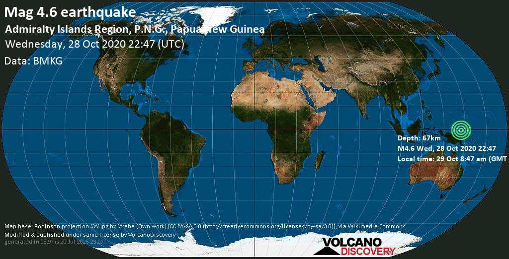 Mag. 4.6 earthquake - 213 km northwest of Lorengau, Manus District, Manus Province, Papua New Guinea, on Thursday, 29 Oct 8.47 am (GMT +10)