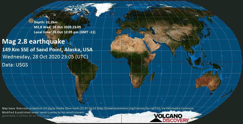 Mag. 2.8 earthquake - North Pacific Ocean, 93 mi southeast of Sand Point, Alaska, USA, on 28 Oct 12:05 pm (GMT -11)