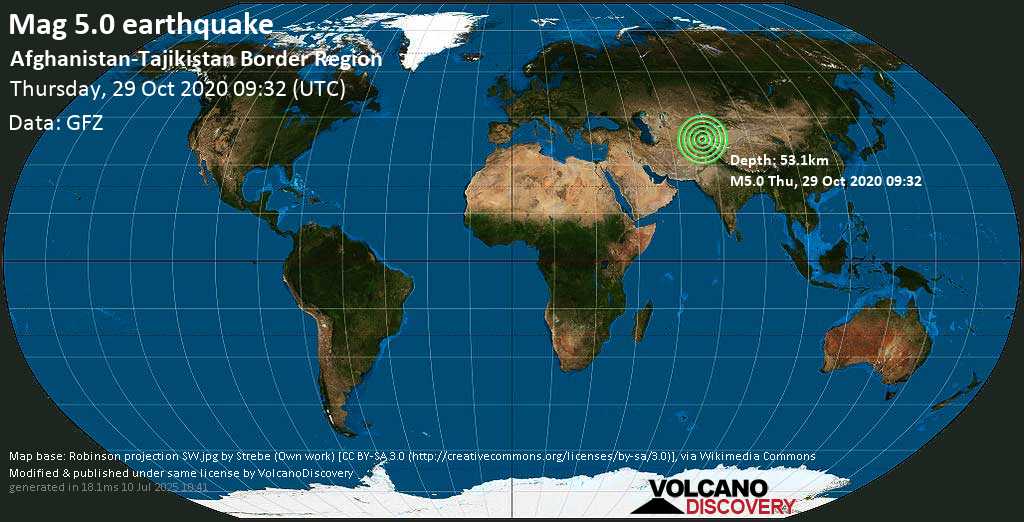Moderado terremoto magnitud 5.0 - 28 km ENE of Khorugh, Nohijai Şuƣnon, Gorno-Badakhshan, Tajikistan, jueves, 29 oct. 2020