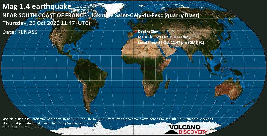 Mag. 2.3 earthquake - 2.6 km east of Saint-Bauzille-de-Putois, Hérault, Occitanie, France, on 29 Oct 12:47 pm (GMT +1)